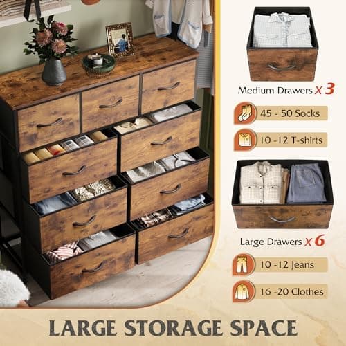 WLIVE 9-Drawer Dresser, Fabric Storage Tower for Bedroom, Hallway, Entryway, Closet, Tall Chest Organizer Unit with Fabric Bins, Steel Frame, Wood Top, Easy Pull Handle, Rustic Brown Wood Grain Print thumbnail 4