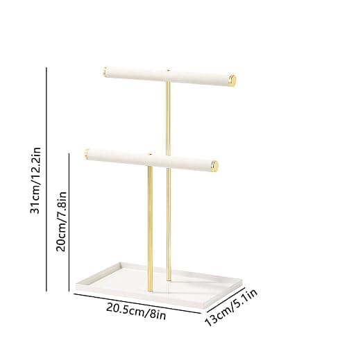 2 Tier Necklace Bracelet Holder Stand, Multi-Use Jewelry Display Organizer with Metal Tray, Velvet T-Bar Metal Necklace Organizer Stand, Jewelry Hanger Tower Rack for Men Women (Gold 12" Tall) thumbnail 3