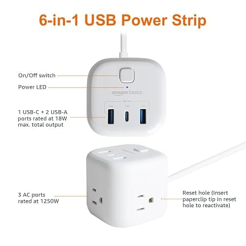 Amazon Basics Power Strip Cube 3 Outlet 3 USB Ports, 1 USB-C(15W) and 2 USB-A(12W), 5 ft Extension Cord, Home, Office, Travel, White thumbnail 2