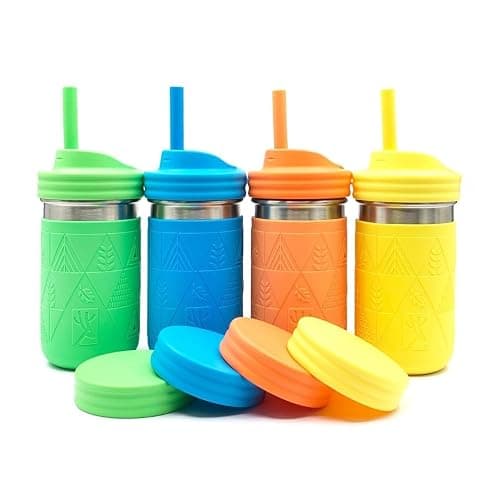 Elk and Friends 14oz Stainless Steel Kids + Toddler Drinking Cups | The Original Mason Jars with Lids + Sleeves + Straws | Smoothie Cups | Spill Resistant | Dishwasher Safe | 4 Pack - Image 1