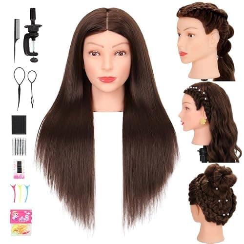 Mannequin Head Human Hair 80% Real Hair Cosmetology Mannequin Head for Braiding Styling Cutting 26-28” Doll Head with Clamp Tools (Brown) - Image 1