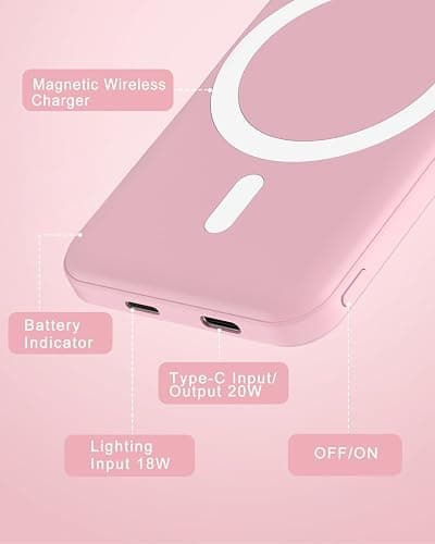 podoru for Magsafe Battery Pack, 5000mAh Magnetic Power Bank with Type-C Cable 20W PD Fast Charging Lighting Input Wireless Portable Charger for iPhone 16/15/14/13/12/ All Series-Pink - Pink thumbnail 5