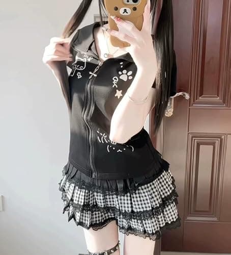 GOTHPICKUS Kawaii Y2K Cute Print Hoodies For Women Short Sleeves Cat Ears Hoodie Kawaii Zip Up Casual Slim Fit Outfits thumbnail 2