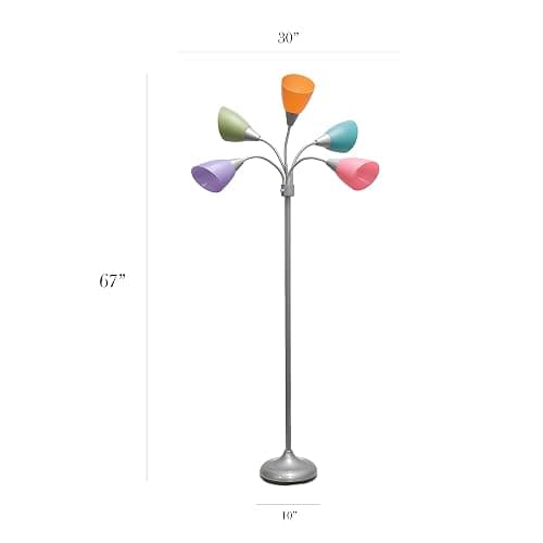Simple Designs LF2006-SLM 67" Contemporary Multi Head Medusa 5 Light Adjustable Gooseneck Silver Floor Lamp with Fun Light Multicolored Shades for Kids Bedroom Playroom Living Room Office - Silver/Fun Multicolor Shades thumbnail 5