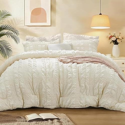 BEDELITE Queen Comforter Set, Seersucker Bedding Set 3 Pieces, Cream | All Season Use, Machine Washable, Soft and Lightweight, Ruched Comforter for Bedroom, Wrinkle-Resistant, Cozy and Stylish - Image 1