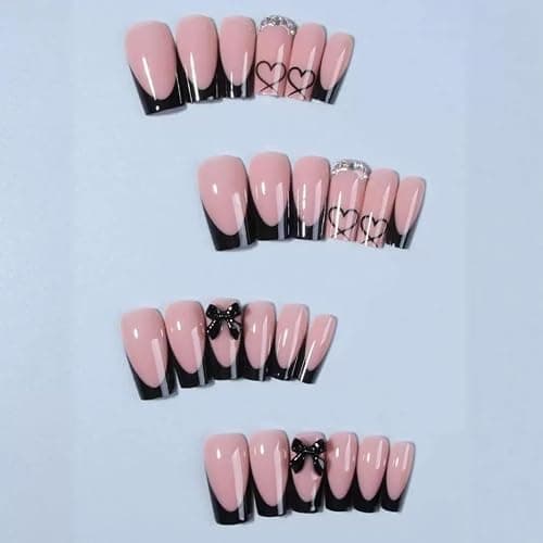 CTTHNBD Medium Press on Nails Coffin - Black French Tip Fake Nails with Bow Charms Design - Heart False Nails Press ons - for Women 24 Pcs thumbnail 2