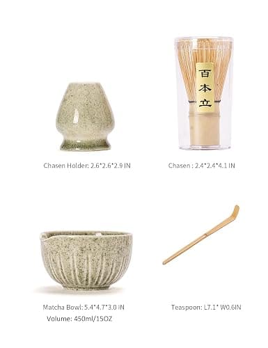 TANG PIN Matcha Set - Match Bowl with Spout and Whisk, 15 OZ, Matcha Scoop | Matcha Whisk Stand (Chasen Holder) - 4pc Perfect Matcha Kit for Matcha Tea Ceremony (Mottled Green) - Mottled Green thumbnail 6