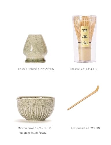 TANG PIN Matcha Set - Match Bowl with Spout and Whisk, 15 OZ, Matcha Scoop | Matcha Whisk Stand (Chasen Holder) - 4pc Perfect Matcha Kit for Matcha Tea Ceremony (Mottled Green) - Mottled Green thumbnail 6