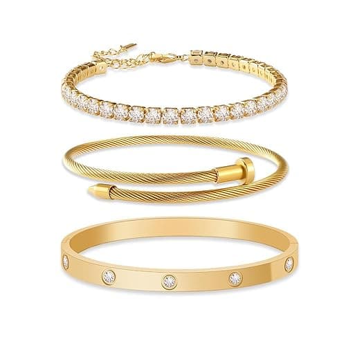 JUNVirtuous 3-Pack Gold Bracelets for Women,18K Gold Plated Bangle Tennis Bracelets Stack Set for Women Trendy Non Tarnish Stainless Steel Gold Bangles Accessories Designer Jewelry Pulseras Para Mujer - Image 1