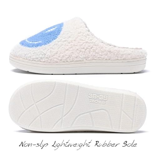 AIMINUO Women's Men's Retro Preppy Happy Face Slippers Comfy Warm Plush Slip-On House Slipper for Winter Indoor Soft Cushion Non-slip Fluffy Slides Slippers - White-blue - 5.5-6.5 Women/5-6 Men thumbnail 5