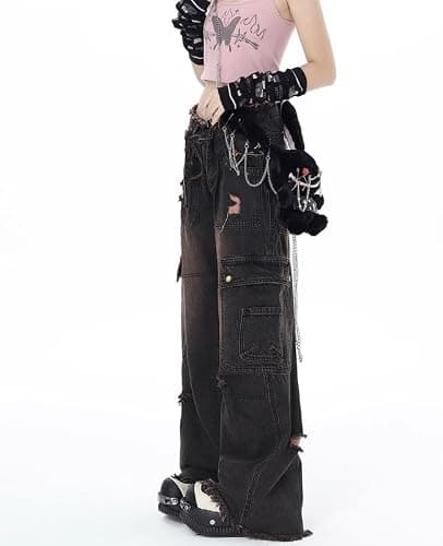 Lafaguw Women's Cargo Pants Low Waist Baggy Jeans Pocket Wide Leg Casual Trendy Streetwear Grunge Emo Clothes thumbnail 3