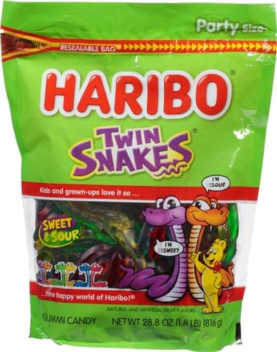HARIBO Gummi Candy, Twin Snakes Sweet & Sour Gummy Candy, 28.8 Ounce Resealable Party Size Stand Up Bag, Soft & Chewy Snacks, Assorted Fruity Flavors (Pack of 2) thumbnail 4
