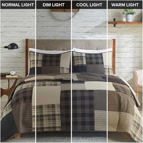 Woolrich Winter Hills Reversible Quilt Set - Cottage Styling Reversed to Solid Color, All Season Lightweight Coverlet, Cozy Bedding Layer, Matching Shams, Oversized Full/Queen, Plaid Tan 3 Piece thumbnail 2