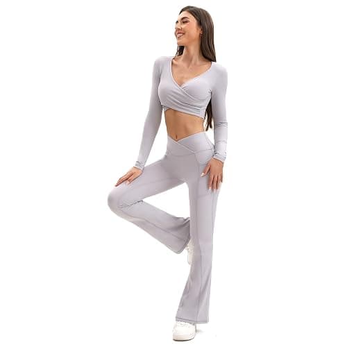 Shgiloo Flared Leggings Women - Yoga Pants with Pockets Crossover High Waisted Tummy Control, Workout Flared Trousers Women thumbnail 4