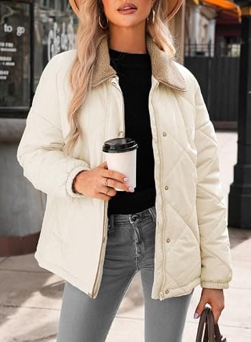 Dokotoo Women's Winter Casual Quilted Jackets Long Sleeve Button Down Puffer Jacket Padded Outerwear Coats thumbnail 3