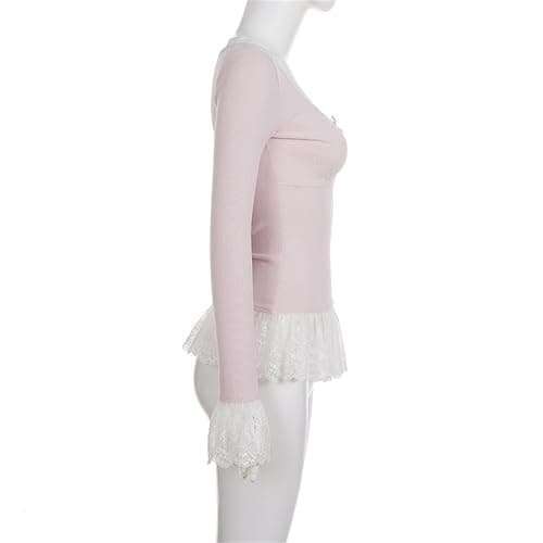 HeiBai Xiong Women Goth Knit Lace Trim T Shirt - Scoop Neck Long Sleeve Floral Ruffle Top Tee, Cute Dance Going Out thumbnail 5