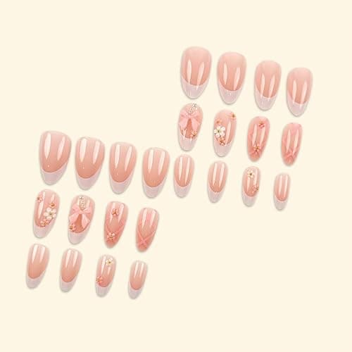Flower Press on Nails Acrylic French Fake Nails Almond Full Cover False Nail Tips Medium Nails Pink Bow Handmade Nail Reformation for Women and Girls 24PCS thumbnail 7