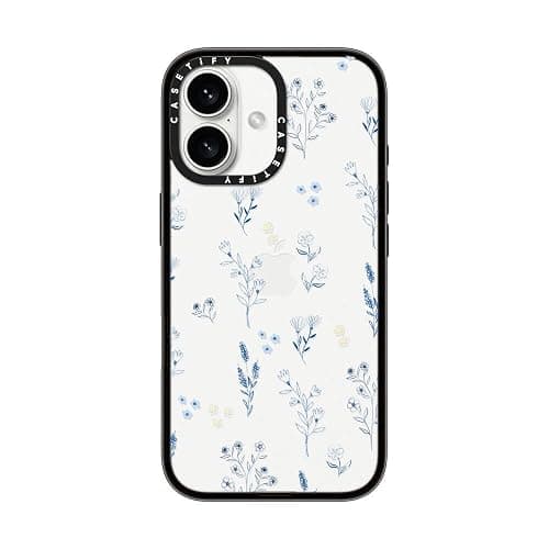 CASETiFY Compact iPhone 16 Case [4 ft. 2X Military Grade Drop Protection/Slim/Lightweight] - Small Blue Flowers - Clear Black - Image 1