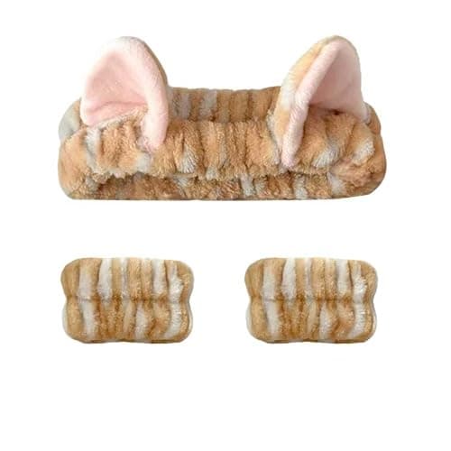 Cute Spa Headband and Wristband Set for Women Kawaii Cat Ear Yellow Makeup Headband for Washing Face (3PCS, Yellow) - Image 1