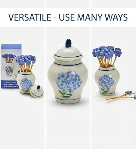 Hydrangea Ginger Jar & Bamboo Cocktail Picks Set - Elegant Ceramic Decor Piece with 20 Eco-Friendly Picks for Entertaining thumbnail 5