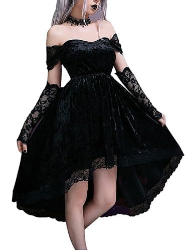 LANSHULAN Gothic Clothes Dress,Lace Mini Sleeveless Lace Draped Bodycon Goth Vintage Dresses Without Gloves - Small - Black