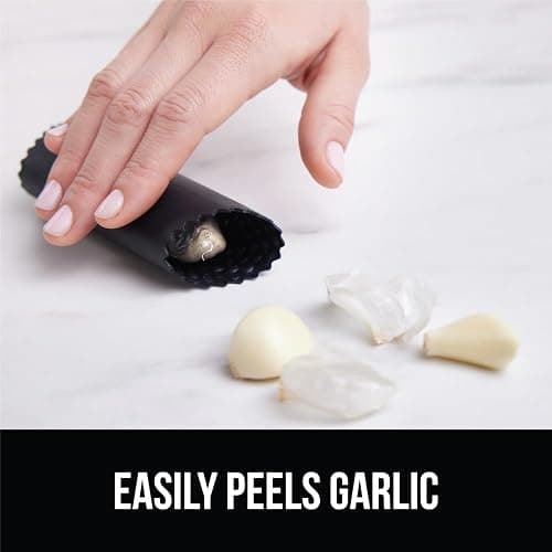 GORILLA GRIP Garlic Press and Peel Set, Heavy Duty Mincer Tool, Large Ergonomic Handle, Easily Mince, Crush Garlics Ginger Nuts, Peeler Included for Peeling Cloves, Holiday Prep Kitchen Gadgets, Black thumbnail 7