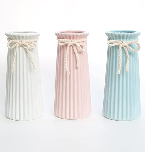 White Ceramic Ribbed Vases for Minimalist Modern Home Decor, Decorative Flowers Vase for Wedding Dinner Table Office Bedroom - 8 Inch / 20 CM thumbnail 7