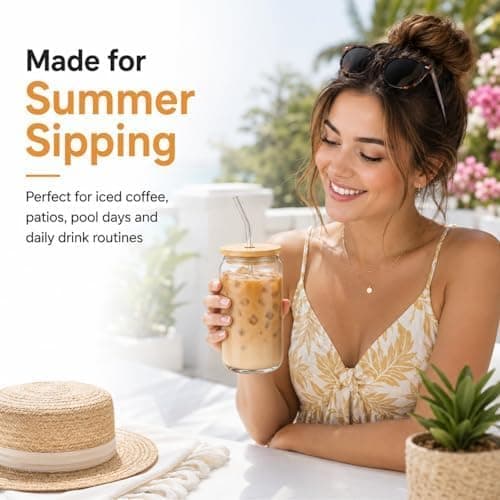 DAMCONME Glass Cups with Lids and Straws 1 Pack, 16 oz Glass Coffee Cup with Bamboo Lid, Glass Straw and Cleaning Brush, Iced Coffee Cup for Matcha, Soda, Tea and Daily Drinks thumbnail 9