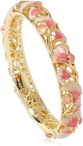 MYUYEE Enamel Bracelet,Vintage Bangles Pink Purple ginkgo Leaf Bracelets Traditional Cloisonne Enamel Ethnic Spring Hinged Cuff Bangles For Women (Cherry Blossom_Diameter:60mm) - Image 1