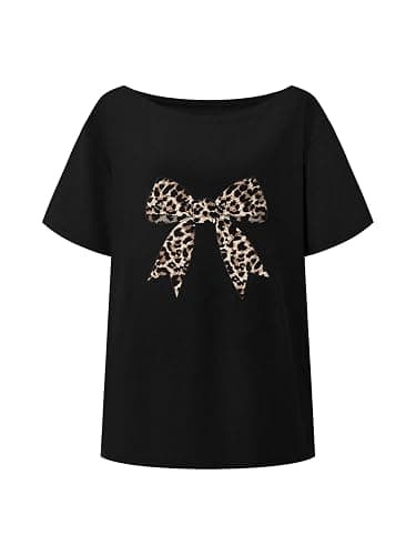 RoseSeek Girl's Off The Shoulder Tops Number Graphic Jersey Shirts Short Sleeve Oversized T Shirts Y2k Tops - 11 Years - Bowknot Black thumbnail 2