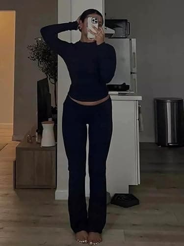 AYWA Women's 2 Piece Outfits Foldover Flare Pants Long Sleeve Crew Neck T-shirt Fitted Pajama Sets thumbnail 4