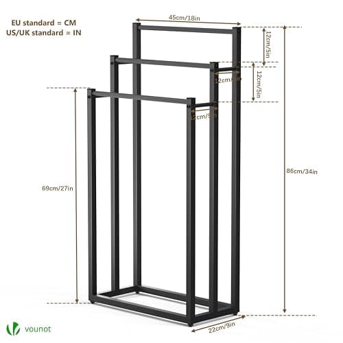 VOUNOT® Porte-Serviettes autoportant sur Pied Support à 3 Niveaux en Métal Rangement Stable pour Serviettes de Bain et Accessoires Idéal à Côté de la Douche Baignoire ou Lavabo Noir thumbnail 3