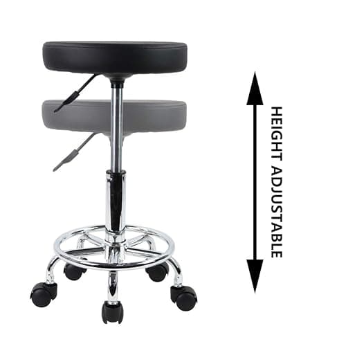 KKTONER PU Leather Round Rolling Stool with Foot Rest Swivel Height Adjustment Spa Drafting Salon Tattoo Work Office Massage Stools Task Chair Small (Black) thumbnail 6