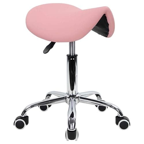 KKTONER Rolling Saddle Stool PU Leather Swivel Adjustable Rolling Stool with Wheels Salon Chair (Pink) - Image 1