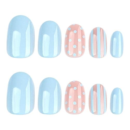 Foccna Press on Nails Polka Dots Short, Blue Fake Nails Acrylic False Nails,Artificial Nails for Girls 24pcs thumbnail 4