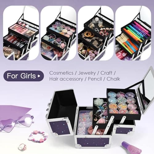 Joligrace Makeup Case for Girls Cosmetic Train Case Makeup Storage Box Jewelry Organizer Hair Accessories Lockable with Trays & Mirror Kids Gift Unicorn thumbnail 3