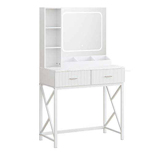 SONGXIN Vanity Desk with Mirror and Lights 3 Colors, Makeup Vanity with 2 Drawers and Storage Shelves, White Vanity Table with Power Outlet, Hair Dryer Holder, Makeup Desk for Bedroom thumbnail 9