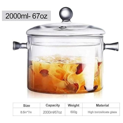 Glass Cooking Pot - 2L/67oz Glass Saucepan Heat-Resistant | Borosilicate Glass Handmade Cookware Set stovetop Pot - Safe for Pasta Noodle, Soup, Milk, Tea,salad thumbnail 3