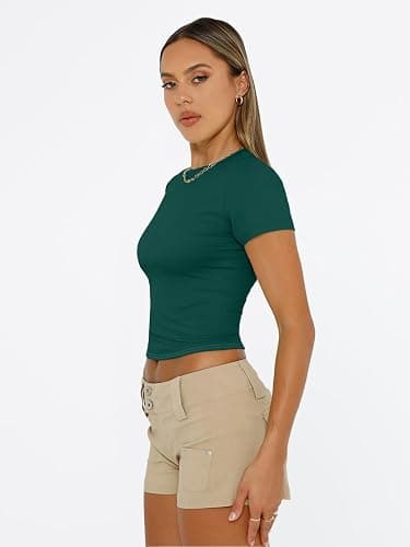 Trendy Queen Womens Short Sleeve T Shirts Summer Crop Tops Basic Slim Fit Gym Workout Y2k Clothes thumbnail 5