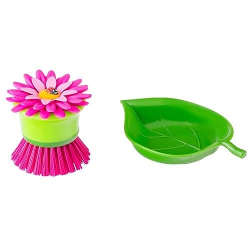 Vigar Flower Power Palm Dish Scrub Brush with Holder - Pink, Green | Kitchen Brushes for Dishes, Sink Brush, Cleaning Brushes for Household Use thumbnail 4