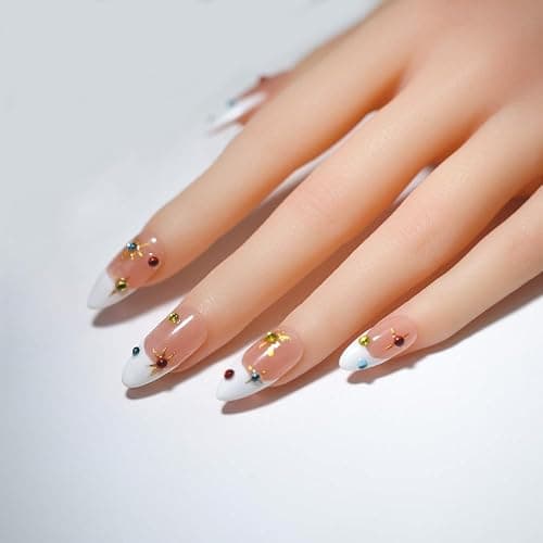 Handmade Medium Almond French Press On Nails,Reusable&Salon Quality(L05, S) | 10Pcs Daily & Party Fake Nails | Easy Apply & Remove | Press Ons with Nude Gradient Cat's Eye,Pearl Bow,Sparkling Rhinestones thumbnail 2