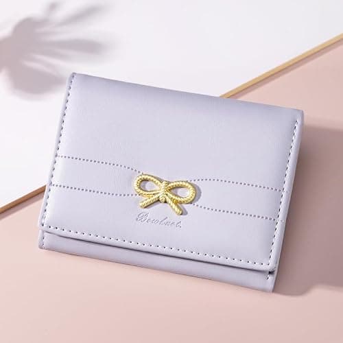 Cute Wallet Coquette Bow Small Wallet Tri-folded Aesthetic Bifold RFID Blocking Card Holder Leather Mini Short Coin Purse with ID Window for Women Girls Ladies -Purple thumbnail 6