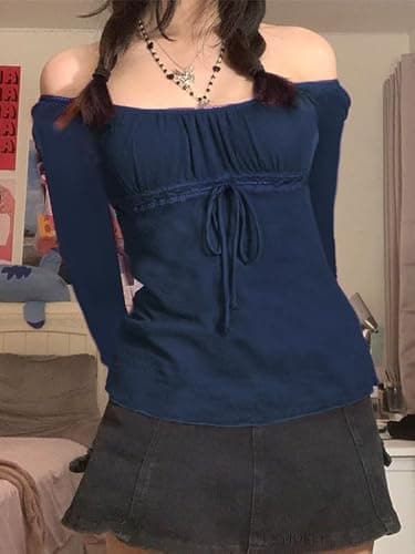 Y2K Mesh Top Women Long Sleeve Shirts Scoop Neck Ruffle Hem Babydoll Blouse thumbnail 2