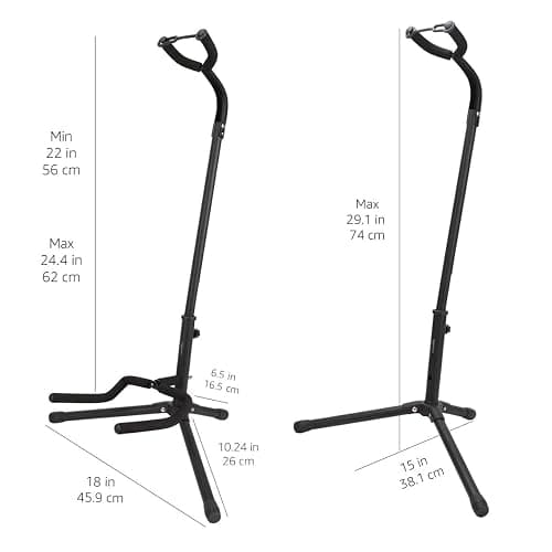Amazon Basics Height Adjustable Foldable Guitar Stand with Secure Support, Padded Non-Slip Floor Stand for Acoustic, Electric, Bass and Banjos, Portable Display Stand, Black thumbnail 2