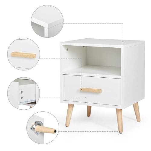 Mondeer Nachttisch, Nachtschrank mit 1 Schublade und 1 Offenem Fach, Holz Modern Nachtkommode mit Massivholzfüßen, Beistelltisch für Schlafzimmer Wohnzimmer, 40 x 35 x 51cm, Weiß thumbnail 4