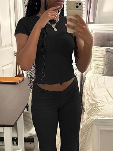 AYWA Women's 2 Piece Lounge Sets Short Sleeve Crop Top Foldover Flare Pants Casual Pajama Outfits thumbnail 2