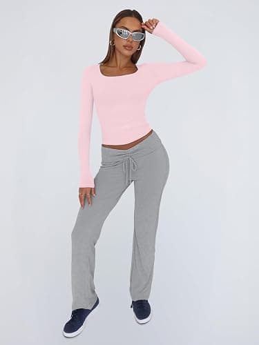 Trendy Queen Womens Long Sleeve Shirts Crop Tops Fall Fashion 2025 Square Neck Going Out Basics Tees Y2k Clothes thumbnail 5