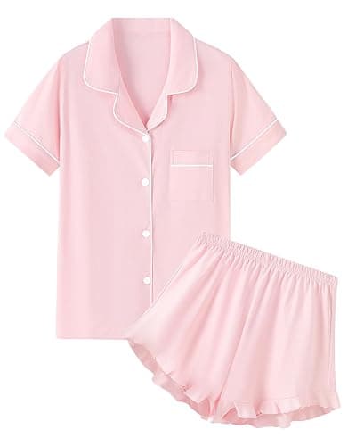 QZH.DUAO Girls & Women Pajama Sets 100% Cotton Sleepwear Button Down Short Sleeve With Ruffle Shorts PJS 5 Years-Large - Image 1