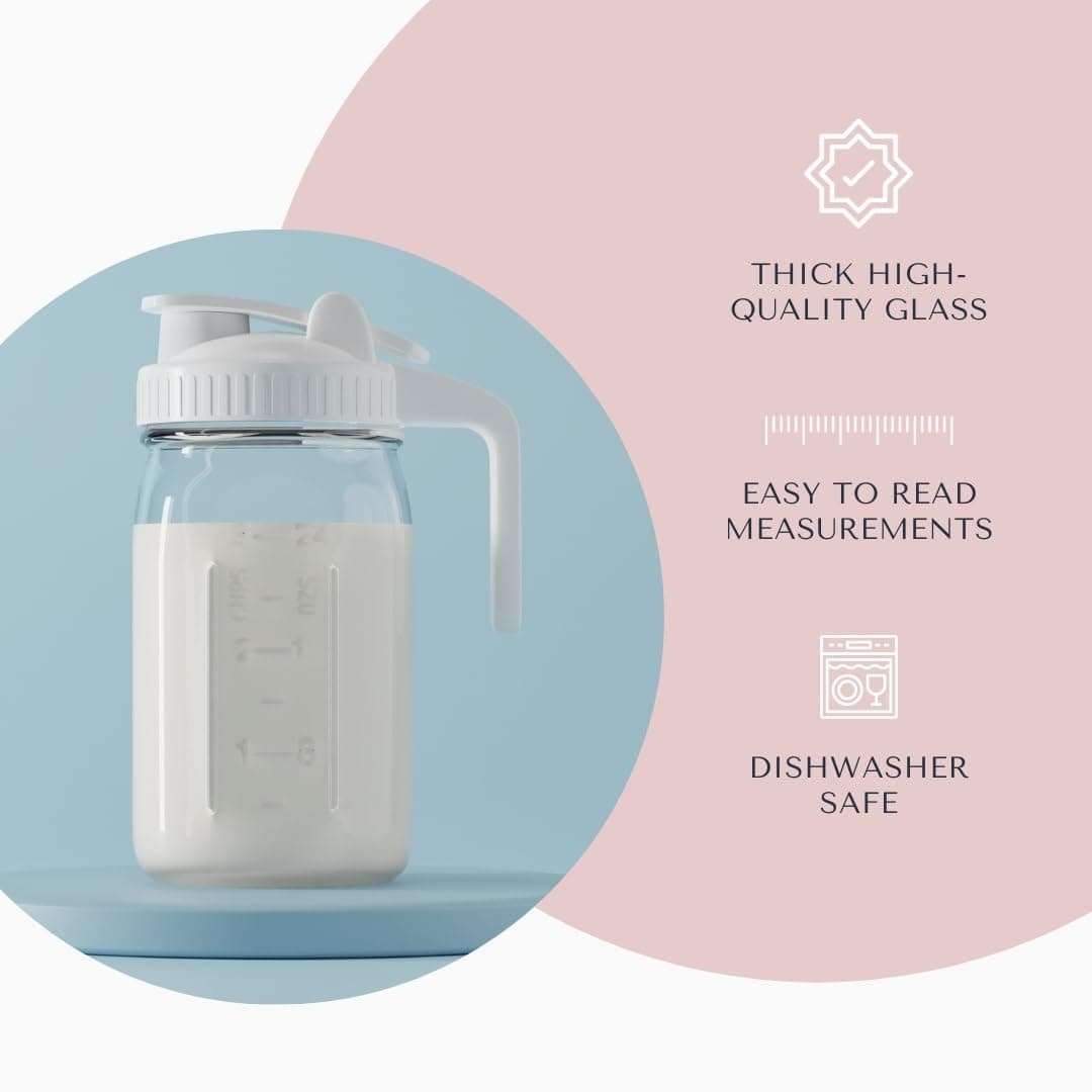 Ford & Row- Jarra de leche materna blanca de 32 oz- Jarra de fórmula para recipiente de almacenamiento de leche materna para refrigerador- Jarra de leche materna- Tapa con boquilla para frasco Mason thumbnail 2