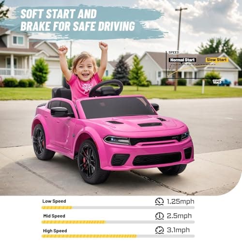 Electric Car for Kids,Licensed Dodge Charger SRT Hellcat Ride on Car,3.1mph Max Speed,12V 7A Kids Electric Vehicle with Remote Control,Music,LED Light,Bluetooth (Pink) thumbnail 6